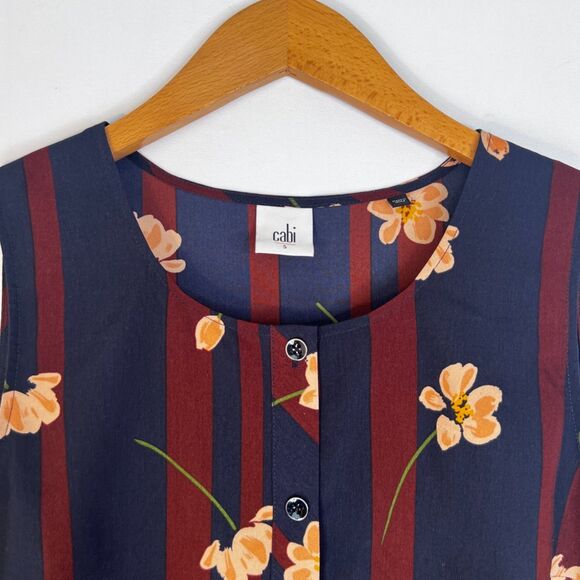 Cabi Navy Blue Burgundy Striped Floral Print Sleeveless Polyester Blouse Small - Picture 3 of 8